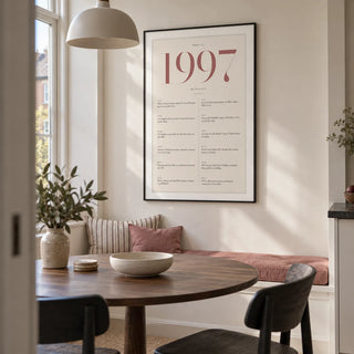 1997 Pink Birthday Print, framed on the wall of a compact modern dining nook in a UK city flat with ivory walls and a built-in bench