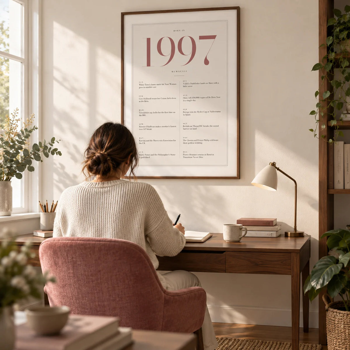 1997 Pink Birthday Print, framed on the wall of a light home study for an adult around 30 with a warm white wall and a dusty rose upholstered desk chair