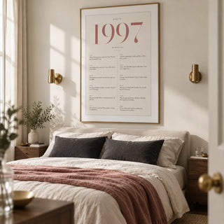 1997 Pink Birthday Print, framed on the wall of a refined adult bedroom in a UK flat with an ivory wall and simple brass wall lights