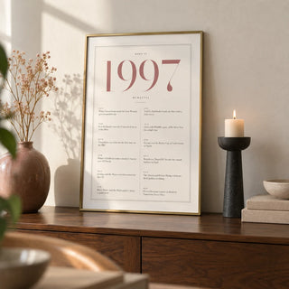 1997 Pink Birthday Print, a small A4 framed print leaning on a walnut sideboard in a living room
