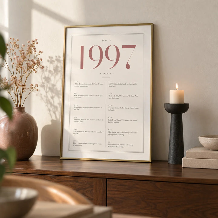 1997 Pink Birthday Print, a small A4 framed print leaning on a walnut sideboard in a living room