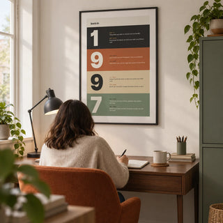 1997 Typography Print, framed on the wall of a compact modern home study in a UK first home with an off-white wall and a sage green storage cabinet