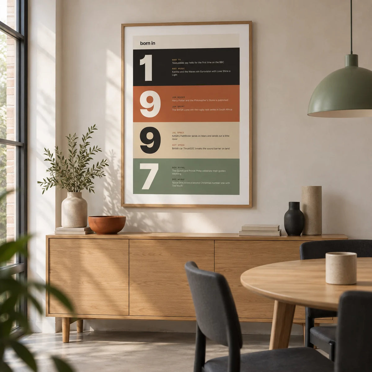 1997 Typography Print, framed on the wall of a contemporary dining room in a renovated UK terrace with pale plaster walls and a simple concrete floor