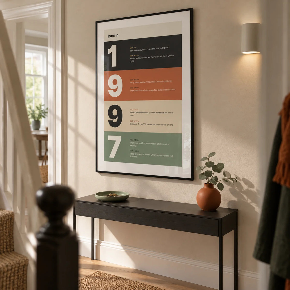 1997 Typography Print, framed on the wall of a crisp hallway in a UK maisonette with a sandy beige wall and pale wood flooring
