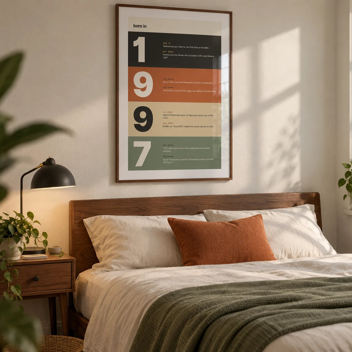 1997 Typography Print, framed on the wall of a modern bedroom for an adult born in 1997 in a UK first home