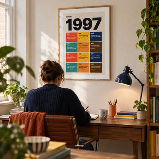 1997 Year in Review Print, framed on the wall of a bright home study for an adult aged 28-30 in a UK terrace with an off-white wall
