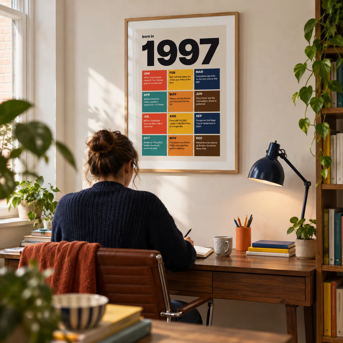 1997 Year in Review Print, framed on the wall of a bright home study for an adult aged 28-30 in a UK terrace with an off-white wall