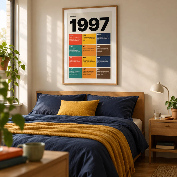 1997 Year in Review Print, framed on the wall of a modern bedroom for an adult born in 1997 in a UK flat with a warm white wall