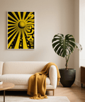 Modern Geometric Sun Poster art print with yellow sun on black for office decor