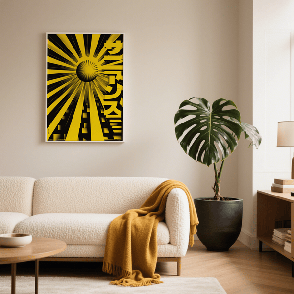 Modern Geometric Sun Poster art print with yellow sun on black for office decor