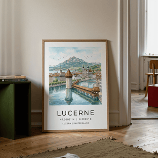 Lucerne Watercolor Art Print travel piece contrasting black ink lines with soft washes
