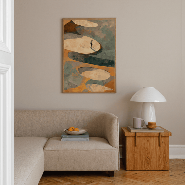 Modern sports print depicting golfer shadow across beige bunker