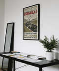 Classic-style motorsport poster print with grandstands, distant pylons, and a track curving toward the horizon