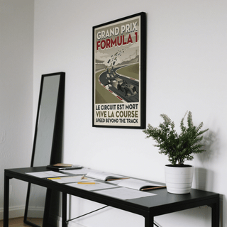 Classic-style motorsport poster print with grandstands, distant pylons, and a track curving toward the horizon
