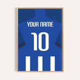 Custom Football Shirt – Blue and White Stripes with Dark Blue Sleeves — wooden-frame main image