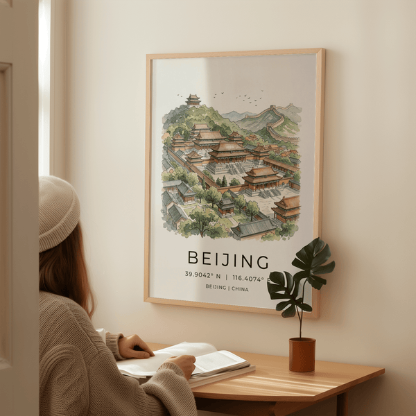 Architectural travel wall art poster labeled Beijing with coordinate text beneath