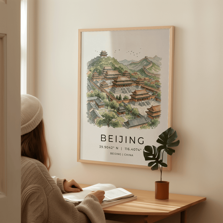 Beijing wall art in watercolour illustration style above a wooden desk with a small potted plant