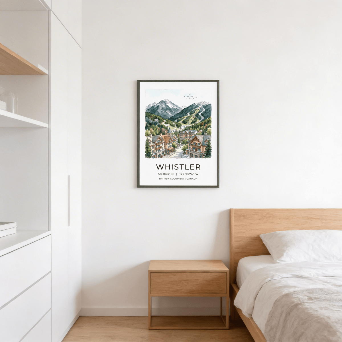 Typography view of Whistler Mountain Print with location coordinates and British Columbia, Canada text