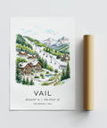 Travel-themed winter landscape illustration with gondolas and chalet rooftops
