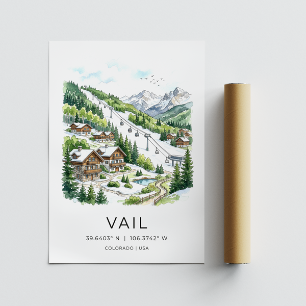 Travel-themed winter landscape illustration with gondolas and chalet rooftops