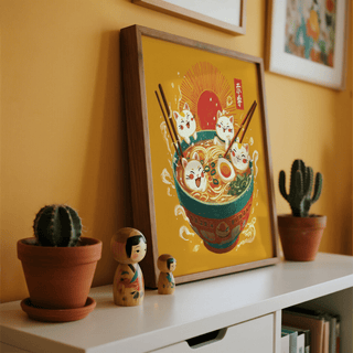 Cute Cat Print using White, Yellow, Red, and Green for office décor