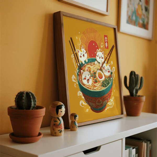 Cute Cat Print using White, Yellow, Red, and Green for office décor