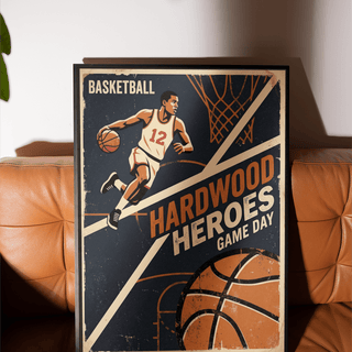 Classic basketball poster print with large cropped basketball and distressed texture