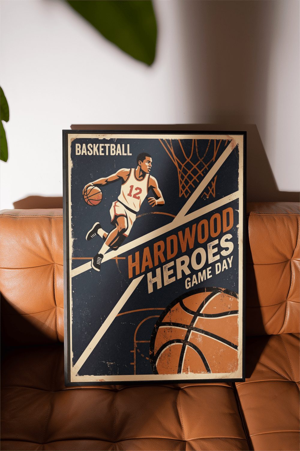 Classic basketball poster print with large cropped basketball and distressed texture