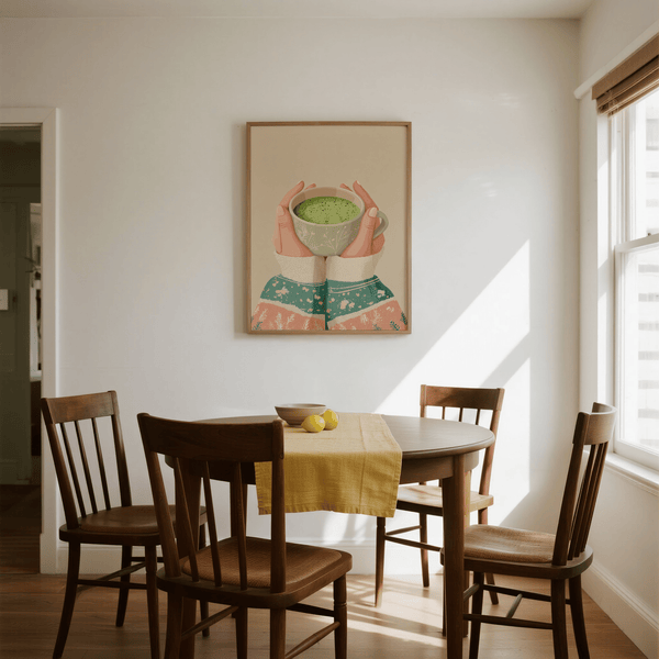 Matcha Tea Art Print featuring cream and green, ideal for study room poster