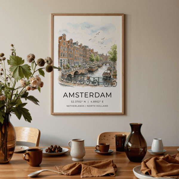 Typographic Amsterdam city poster print with canal view and coordinate text