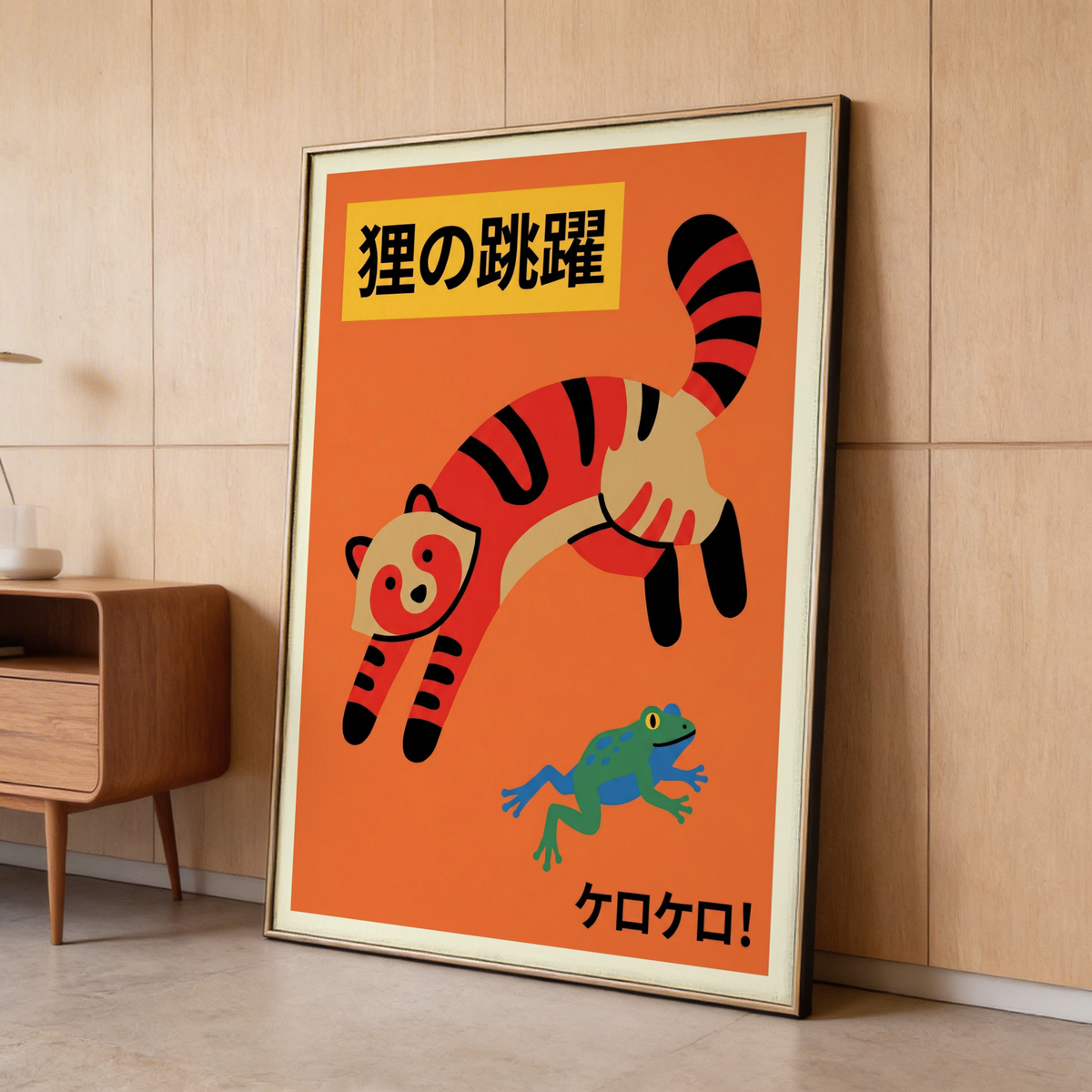 Bold illustrated cat poster with diagonal leaping pose and Japanese lettering blocks