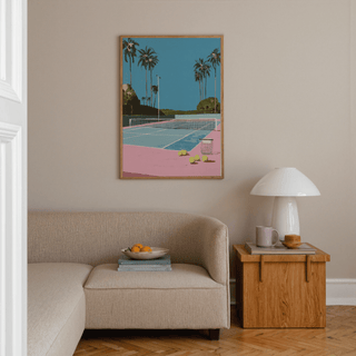Framed room mockup of Tropical Tennis Wall Art above a console in a sports decor setting