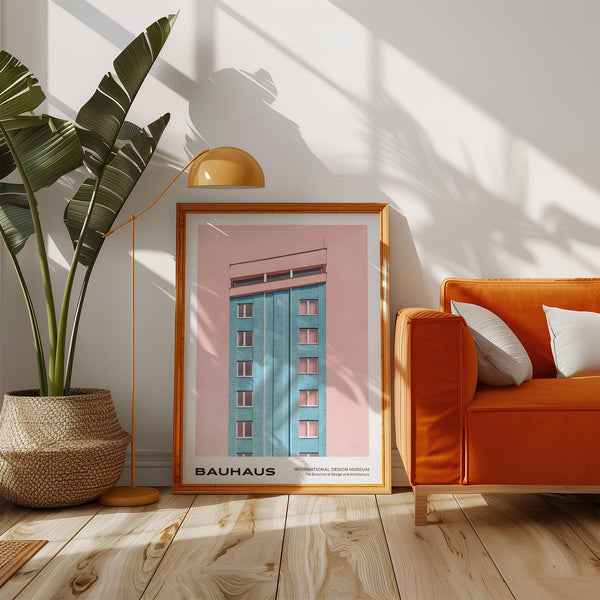 Mid century modernist art showing a pink and blue city structure.