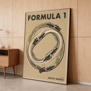 Vintage style Formula 1 poster featuring bold headline and track outline