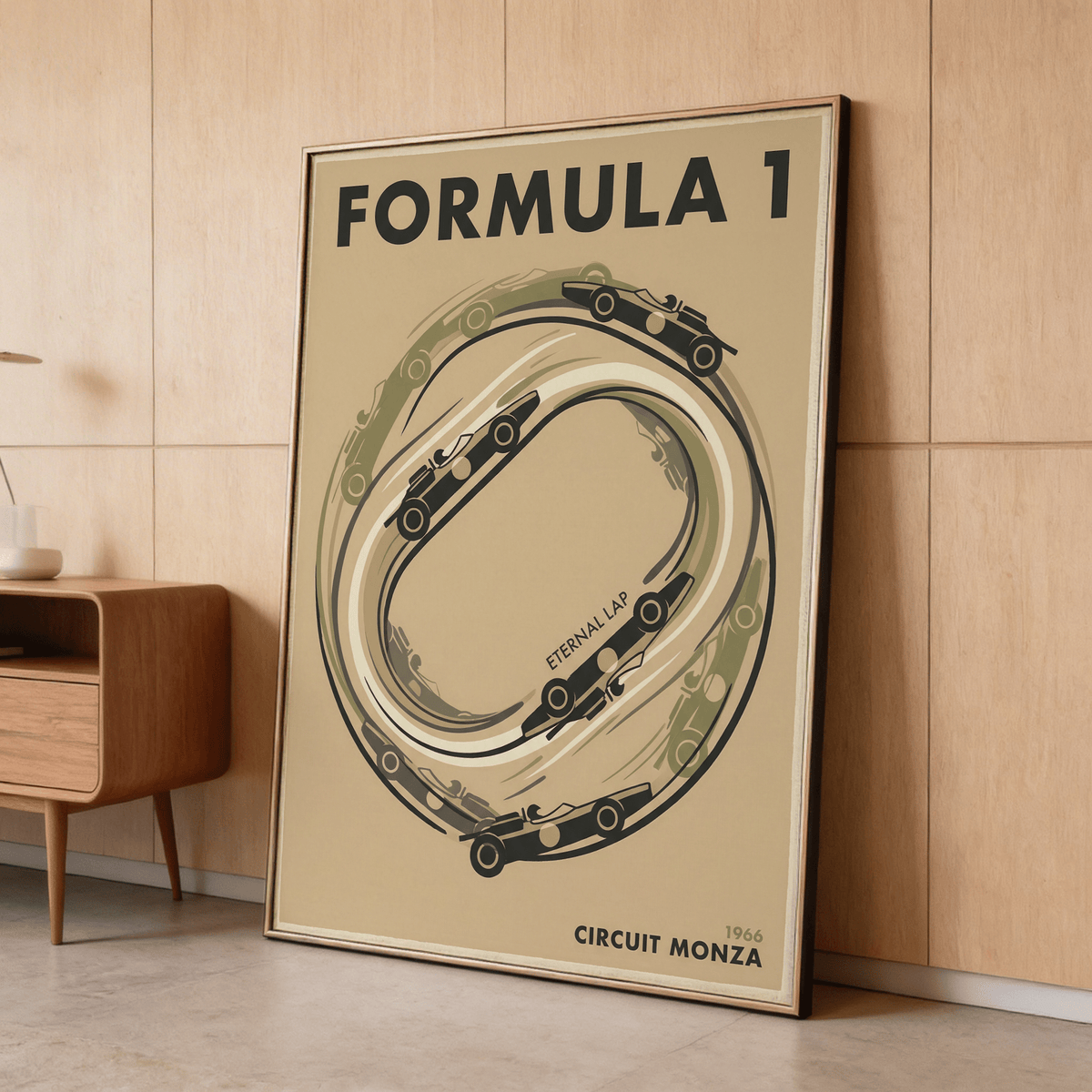 Vintage style Formula 1 poster featuring bold headline and track outline