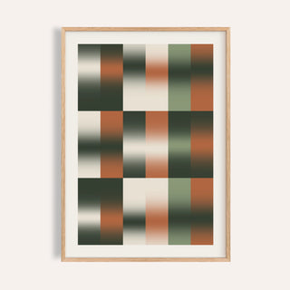 Sage grid print with soft tiles fading between forest green, cream and terracotta