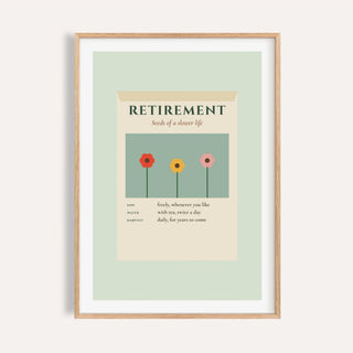 Retirement seed packet print shown on a plain warm cream wall