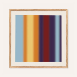 Striped print with nine soft stripes of plum, red, orange, yellow and sky blue