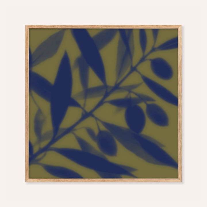 navy olive branch print showing olive leaves in soft focus on olive green