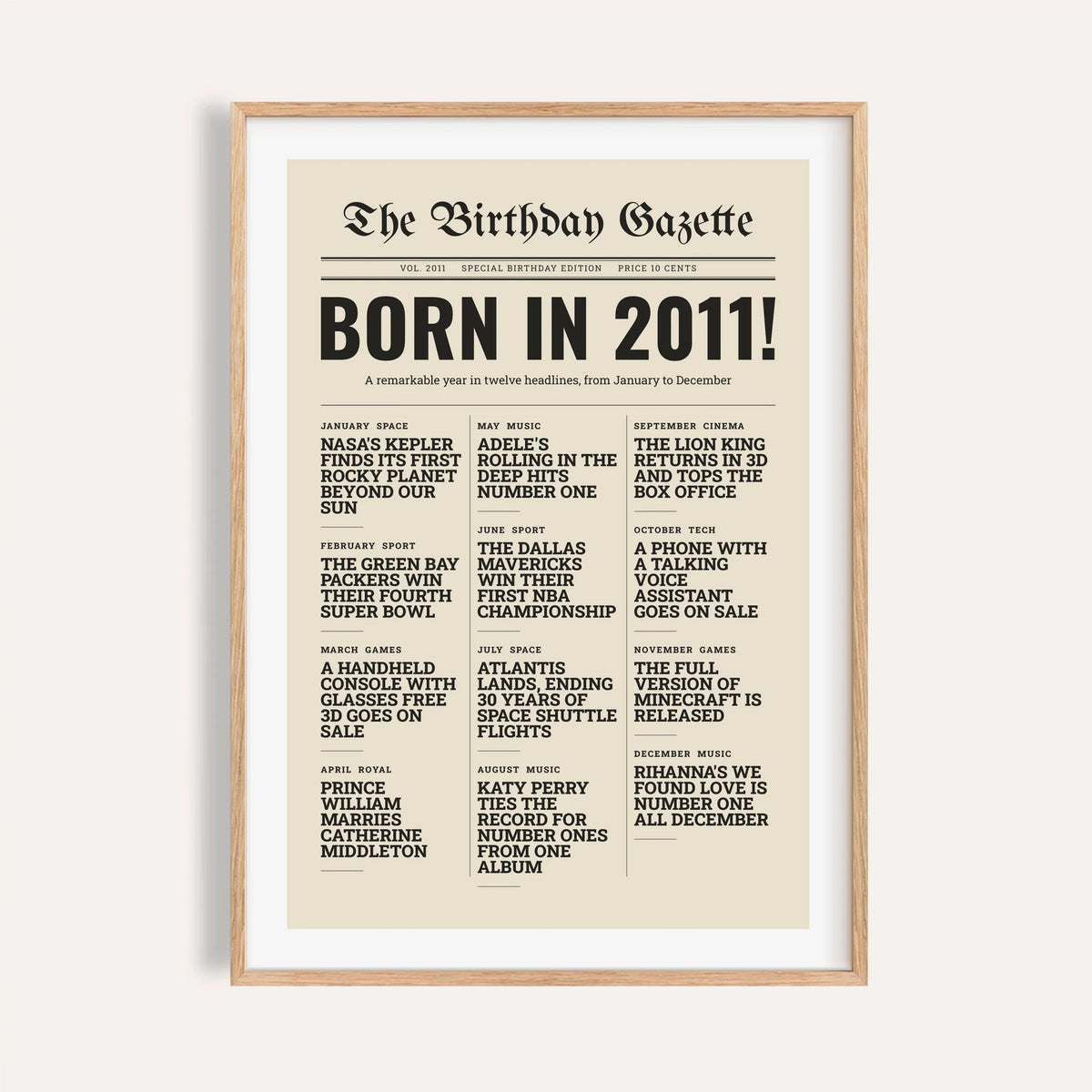 2011 print styled as a newspaper front page on a plain warm wall