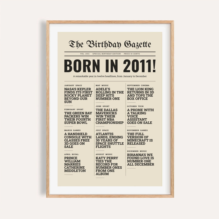 2011 print styled as a newspaper front page on a plain warm wall