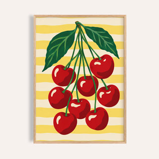 Cherry Bunch print with a bunch of glossy red cherries on butter yellow stripes