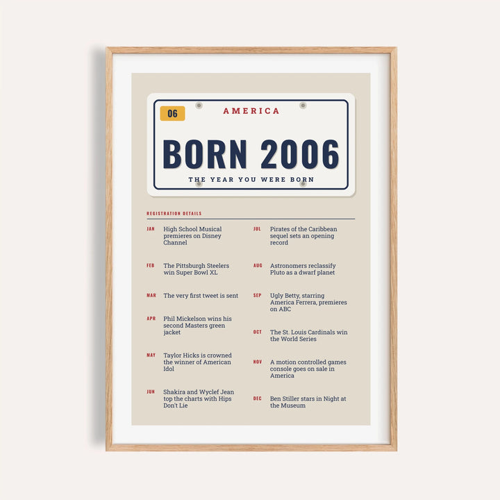 2006 print styled as an embossed license plate on a plain warm wall