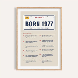 1977 print styled as an embossed license plate on a plain warm wall