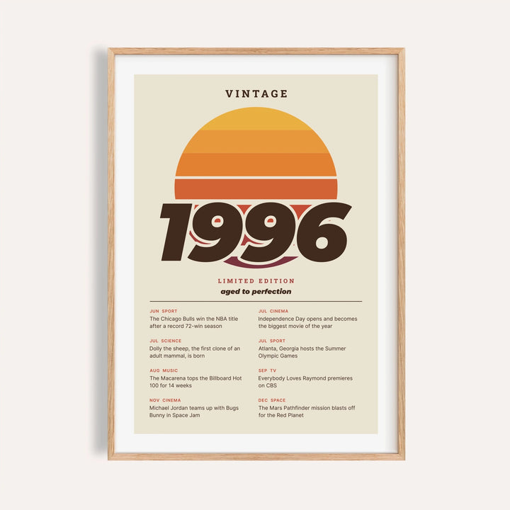 Vintage 1996 print with a retro striped sunset on a plain warm wall