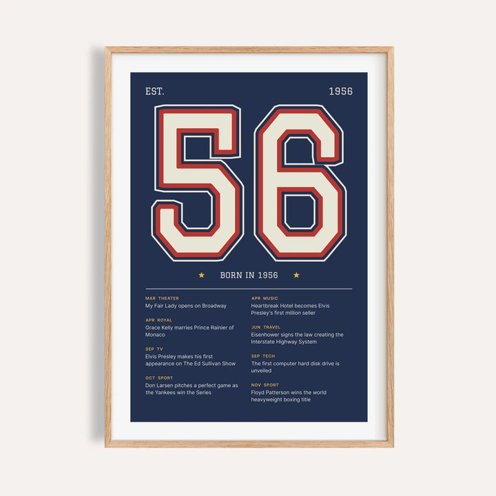 1956 print with a stitched varsity number on a plain warm wall