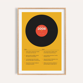 2008 print styled as a vinyl record on mustard on a plain warm wall