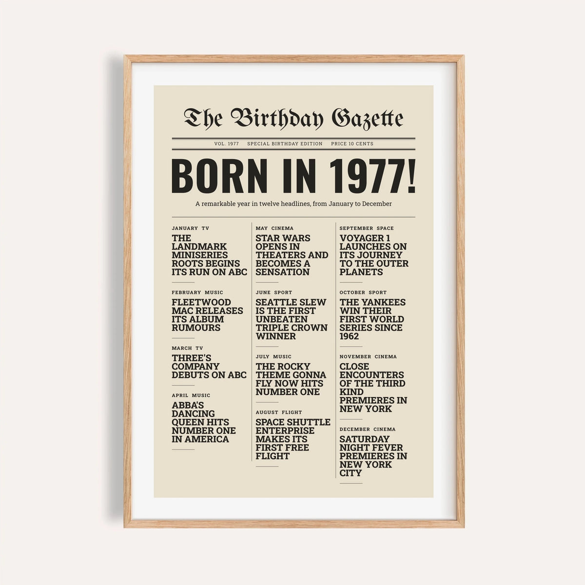 1977 print styled as a newspaper front page on a plain warm wall