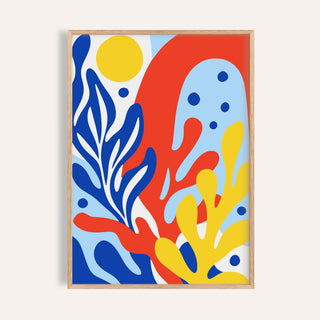 Primary colours print of coral shapes shown on a plain warm wall