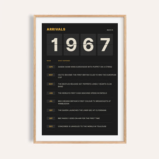 1967 print styled as a split flap arrivals board on a plain warm wall